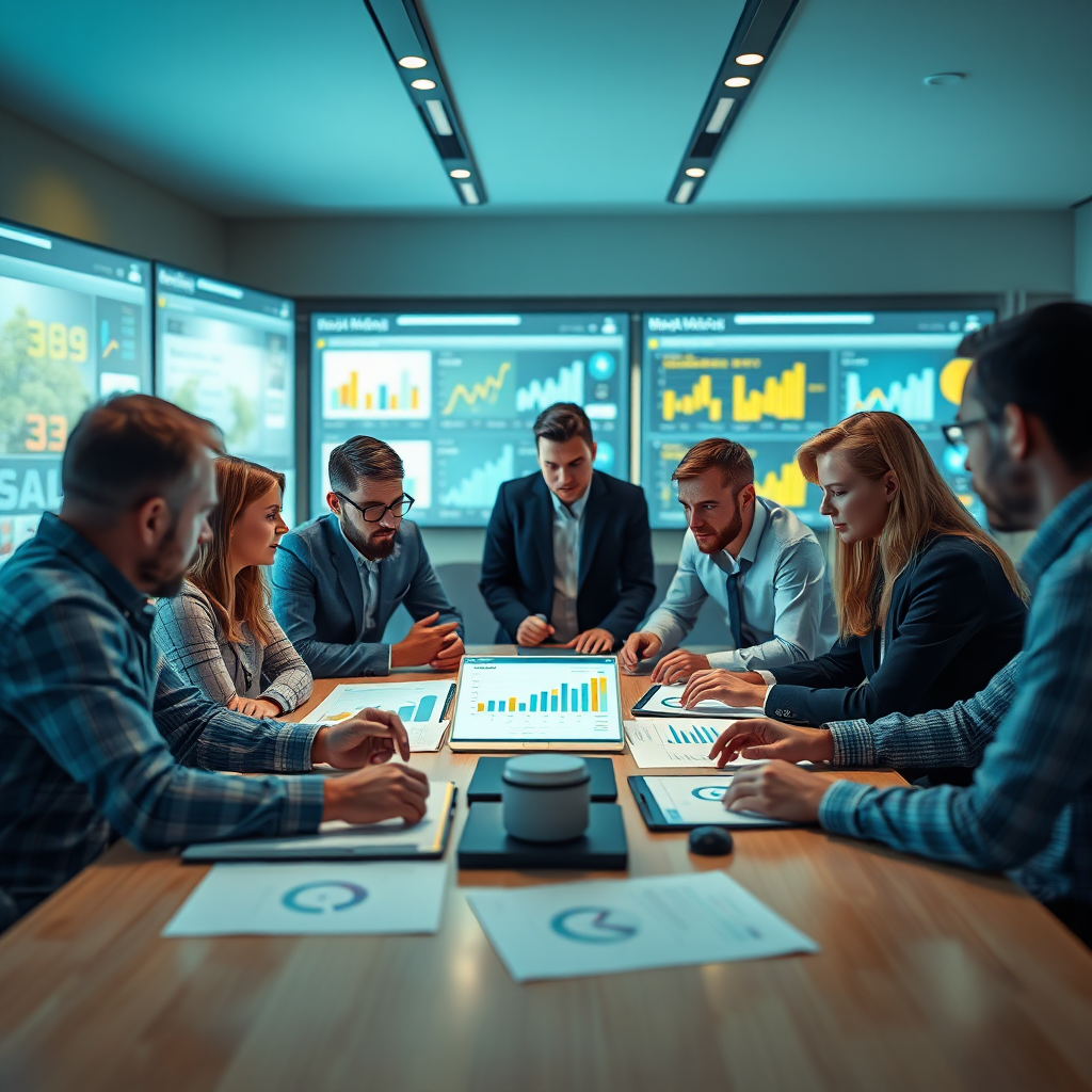 A photorealistic image of a social media marketing team brainstorming. A group of professionals are gathered around a table, looking at social media analytics and planning strategies. Lighting is bright and collaborative, with a sense of teamwork and creativity. The color palette should be primarily blues and greens, with accents of yellow and orange to represent innovation and engagement. The camera angle is a medium shot, focusing on the team and the social media analytics. Texture details should be sharp and intricate, showcasing the detail of the charts and graphs. The environment is a modern office with large screens displaying social media feeds and data analytics. Style references: marketing, collaboration, data analysis. Technical specs: 4K resolution, high-quality rendering.