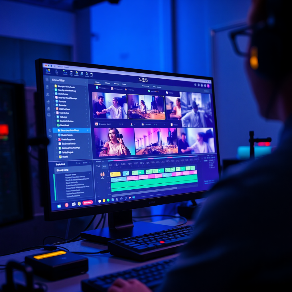A photorealistic image of a video editing workstation. A screen displays a complex video editing timeline, with AI-powered tools and effects being applied. Lighting is focused and dynamic, with a sense of creativity and precision. The color palette should be primarily blues and purples, with accents of orange and green to represent innovation and efficiency. The camera angle is a close-up, focusing on the screen and the editing process. Texture details should be sharp and intricate, showcasing the detail of the video and the AI tools. The environment is a professional video editing studio with high-tech equipment and a clean, organized workspace. Style references: video production, AI technology, creative workspace. Technical specs: 4K resolution, high-quality rendering.