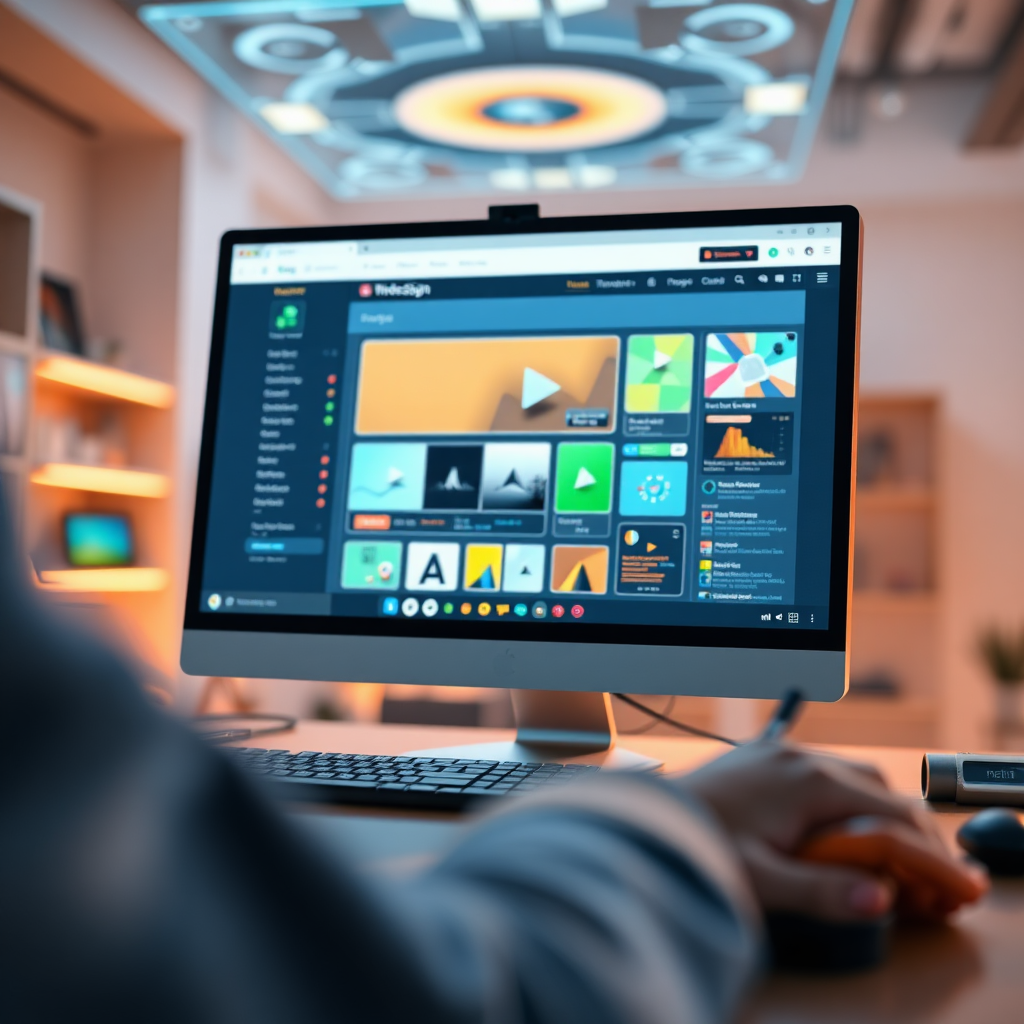 A photorealistic image of a web design interface. A screen displays a website layout with interactive elements and visual design tools. Lighting is soft and balanced, with warm color accents. The color palette should be primarily blues and greens, with accents of yellow and orange to represent creativity and usability. The camera angle is a close-up, focusing on the screen and the design process. Texture details should be sharp and intricate, showcasing the detail of the website elements. The environment is a clean, modern workspace with holographic projections and interactive displays. Style references: web development, UI/UX design, digital art. Technical specs: 4K resolution, high-quality rendering.
