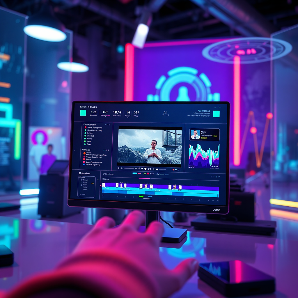 A photorealistic image of an AI interface creating a video. A futuristic screen displays editing tools, timelines, and AI suggestions, with a video playing dynamically in the center. Lighting is vibrant and modern, with neon highlights and soft gradients. The color palette should be primarily blues and purples, with accents of orange and green to represent creativity and growth. The camera angle is a close-up, focusing on the screen and the AI tools. Texture details should be sharp and intricate, showcasing the complexity of the software. The environment is a clean, modern workspace with holographic projections and interactive displays. Style references: cyberpunk, futuristic tech, data visualization. Technical specs: 4K resolution, high-quality rendering.
