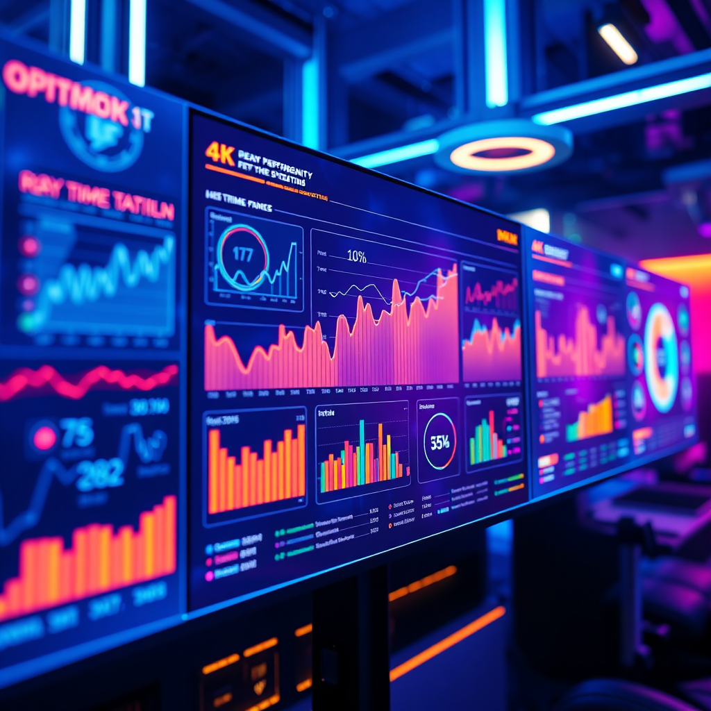 A photorealistic image of data analysis dashboards. A futuristic screen displays charts, graphs, and key performance indicators, with real-time data flowing dynamically. Lighting is vibrant and modern, with neon highlights and soft gradients. The color palette should be primarily blues and purples, with accents of orange and green to represent growth and optimization. The camera angle is a close-up, focusing on the screen and the data. Texture details should be sharp and intricate, showcasing the complexity of the data. The environment is a clean, modern workspace with holographic projections and interactive displays. Style references: cyberpunk, futuristic tech, data visualization. Technical specs: 4K resolution, high-quality rendering.