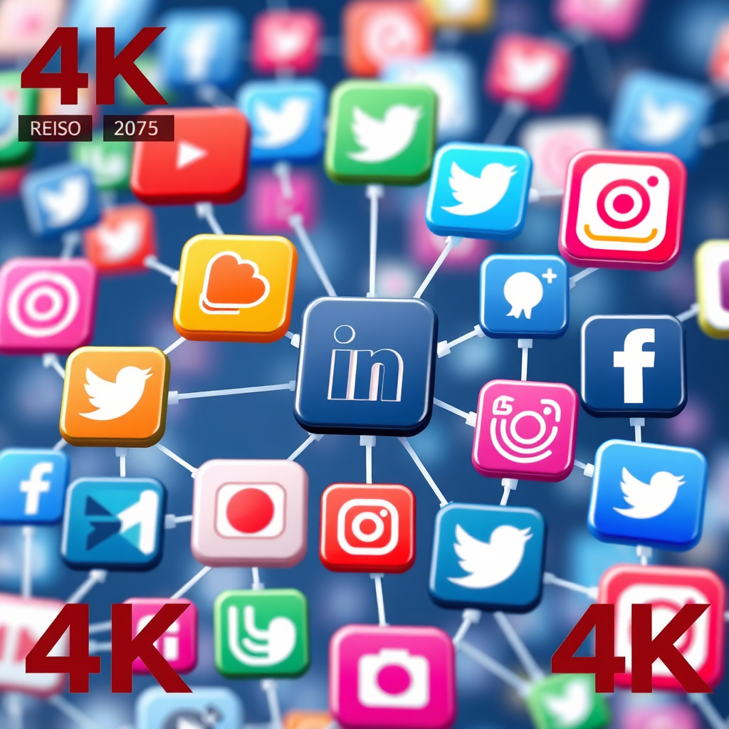 A stylized image of connected social media icons forming a network. Vibrant and engaging. 4K resolution.