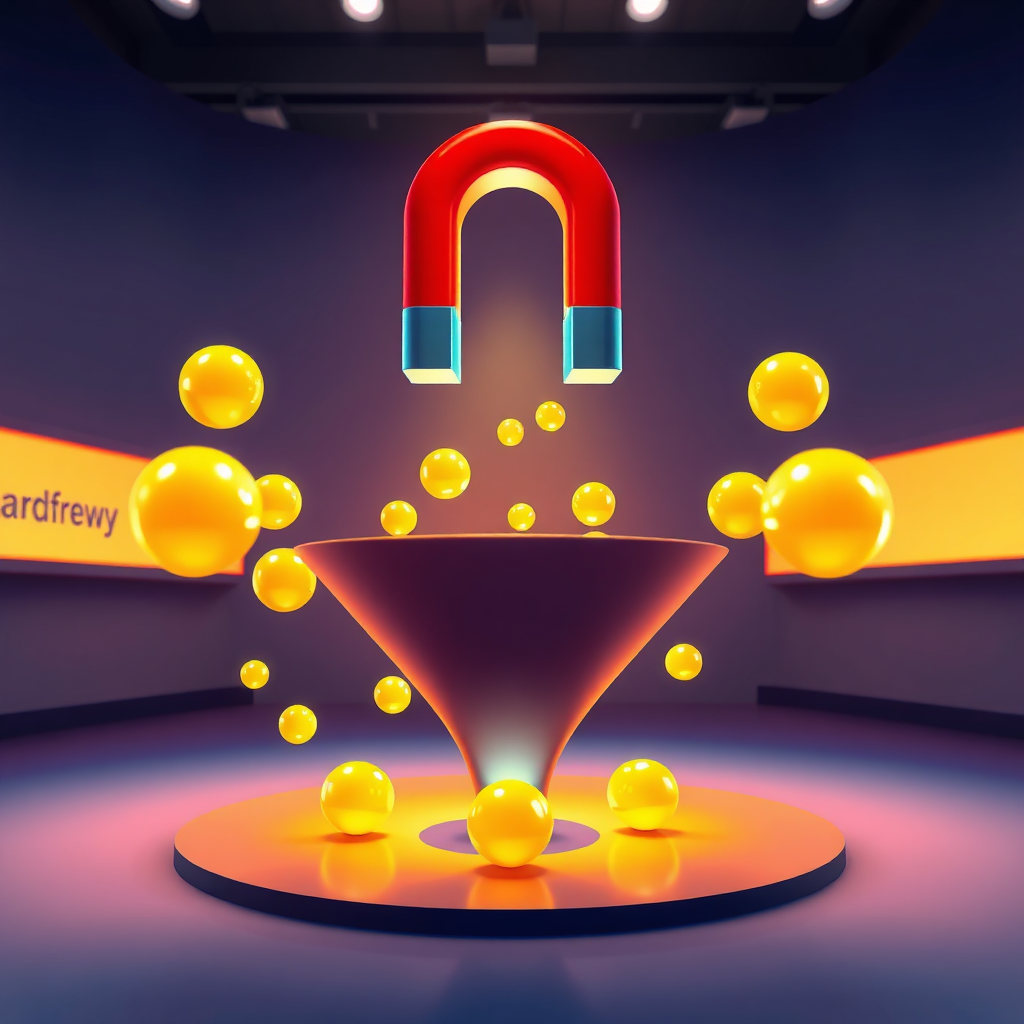 A stylized image representing lead generation. Imagine a magnet attracting glowing orbs representing potential leads. The magnet is positioned above a funnel, guiding the leads towards a central collection point. Lighting is vibrant and focused, with a clear sense of direction. The color palette should be primarily yellows and oranges, with accents of blues and greens to represent growth and opportunity. The camera angle is a medium shot, focusing on the magnet, the leads, and the funnel. Texture details should be smooth and polished, representing efficiency and effectiveness. The environment is a clean, minimalist studio with subtle branding elements. Style references: marketing, lead capture, attraction. Technical specs: 4K resolution, high-quality rendering.