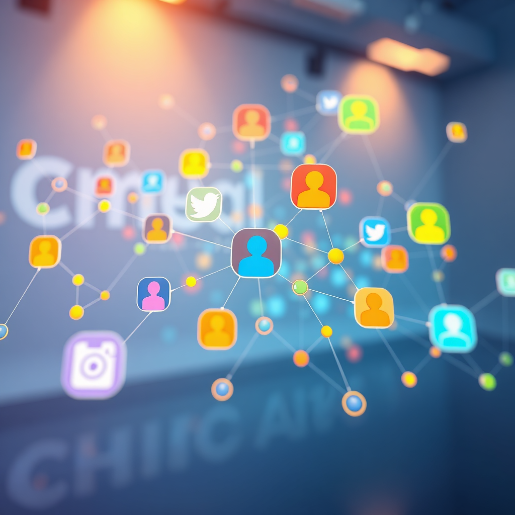 A stylized image representing social media engagement. Imagine a network of interconnected nodes representing different social media platforms. Each node is vibrant and active, with lines connecting them to represent interactions and followers. Lighting is soft and inviting, with warm color accents. The color palette should be primarily blues and greens, with accents of yellow and orange. The camera angle is a medium shot, focusing on the network and the interactions. Texture details should be smooth and polished, representing efficiency and professionalism. The environment is a clean, minimalist studio with subtle branding elements. Style references: modern tech, data visualization, abstract art. Technical specs: 4K resolution, high-quality rendering.
