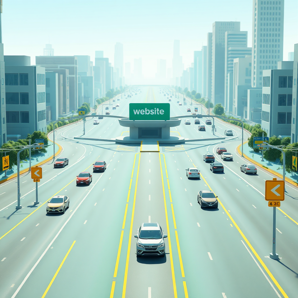 A stylized image representing website traffic flow. Imagine a network of roads leading to a central hub, representing a website. Cars (representing website visitors) are flowing smoothly along the roads, guided by signs and signals (representing marketing campaigns). Lighting is clear and well-organized, with a sense of efficiency and direction. The color palette should be primarily greens and blues, with accents of yellow and orange to represent growth and opportunity. The camera angle is a medium shot, focusing on the roads, the cars, and the central hub. Texture details should be smooth and polished, representing a seamless user experience. The environment is a clean, modern cityscape with subtle branding elements. Style references: urban planning, transportation, marketing strategy. Technical specs: 4K resolution, high-quality rendering.