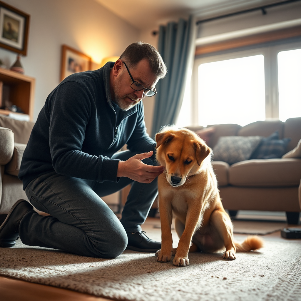 Worried dog owner with scratching dog