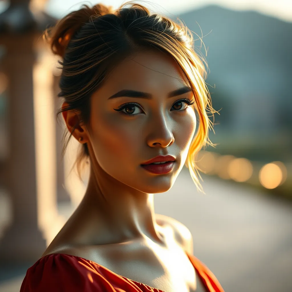 A beautifully lit portrait of a person with a blurred background, featuring a soft focus on the face, warm lighting enhancing the features, and the subject dressed elegantly, standing in a serene outdoor setting.