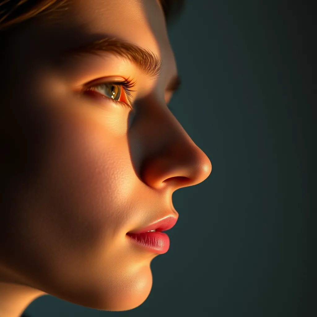 A close-up of a person’s face in a professional studio, showcasing one side illuminated with soft, warm light while the other side has a gentle shadow. Background should be a smooth gradient from light to dark.