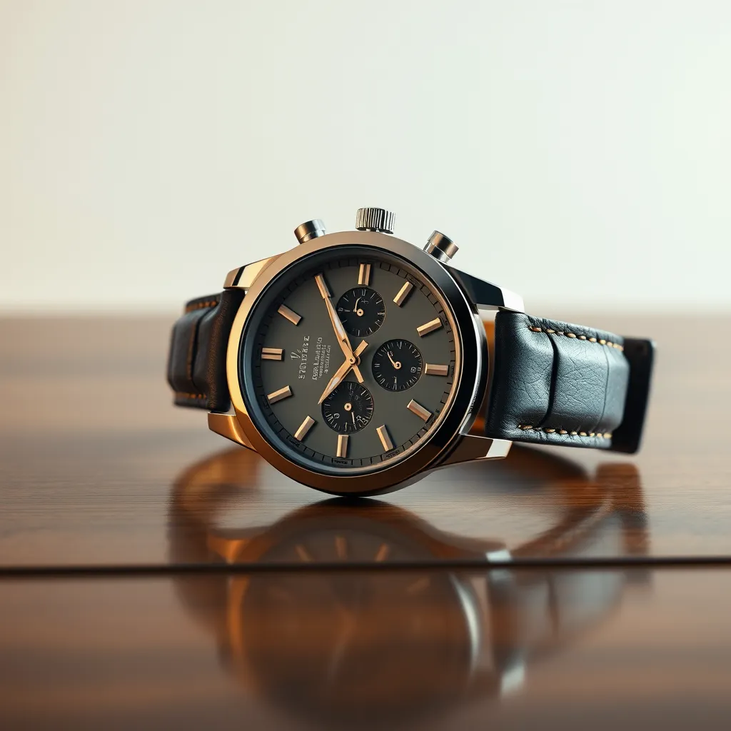 A high-quality image of a wristwatch on a polished wooden table, illuminated by soft, diffused light to highlight the watch’s metallic details, leather strap, and intricate dial. Background should be clean and minimalistic.