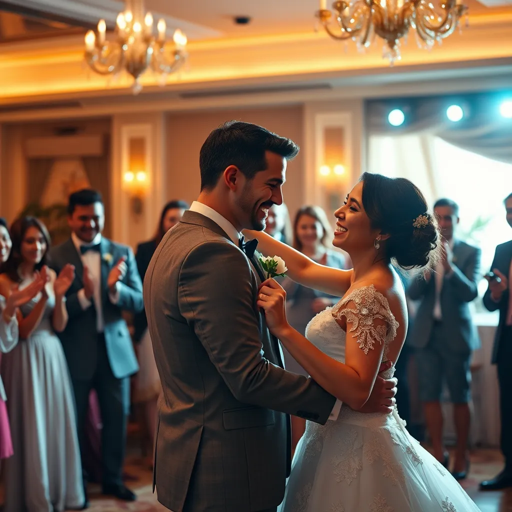A lively wedding scene with a couple smiling and dancing, surrounded by guests who are clapping and having a great time. The background should feature tasteful decorations and soft, warm lighting.