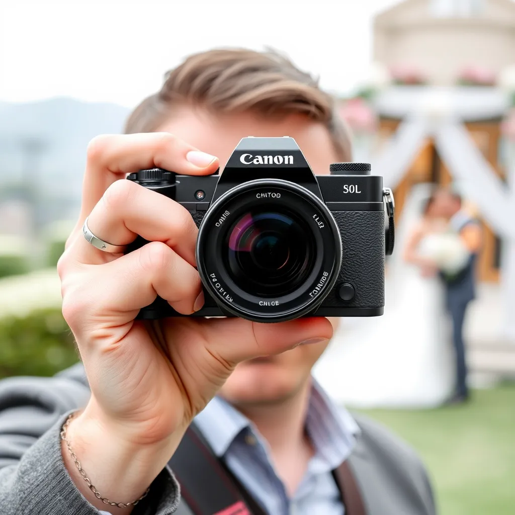 Generate a photorealistic, ultra-high quality image of a professional photographer capturing moments at an elegant wedding ceremony. The main subject is a photographer in action, using a high-end camera with a zoom lens. The lighting conditions include natural sunlight filtering through large windows, creating a soft, romantic glow. The color palette consists of pastel colors with golden accents. The image should be taken from a candid, slightly over-the-shoulder perspective, showing the photographer's view of the couple exchanging vows. Textures such as the fabric of the wedding dress, the groom's suit, and floral arrangements should be finely detailed. The environment includes a beautifully decorated indoor venue with floral arrangements, a ceremonial arch, and seated guests. The mood is joyous and intimate. Style references include the works of Jose Villa. The image should be rendered in 8K resolution with hyperrealistic, ultra-detailed specifications.