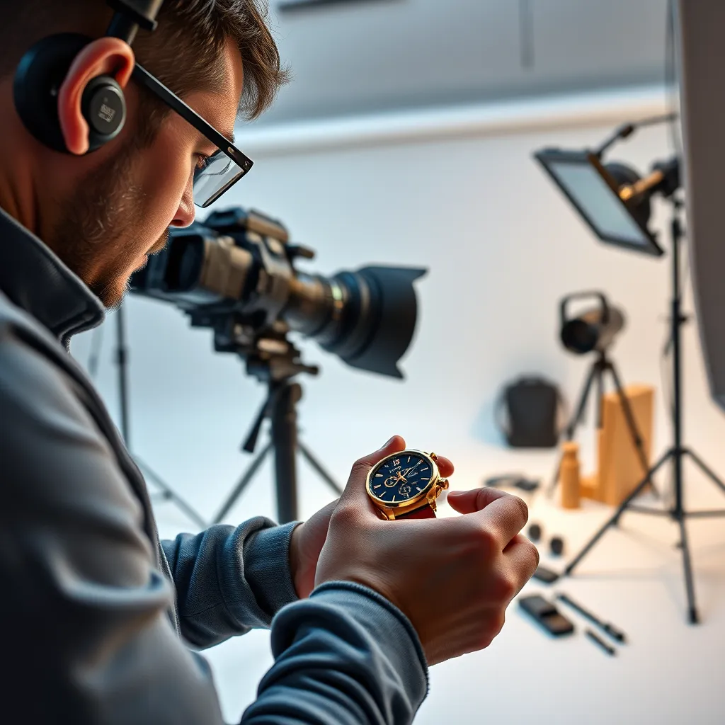A photographer in a studio setting, meticulously photographing a stylish new product like a high-end wristwatch, with professional lighting, a white background, and various props arranged to complement the product's features.
