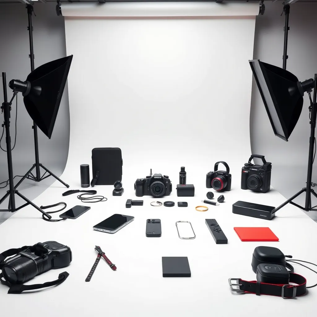 A professional studio setup with a sleek, modern white backdrop. Various products like gadgets and fashion accessories are arranged meticulously, with crisp lighting highlighting their textures and features, creating a clean and appealing presentation.