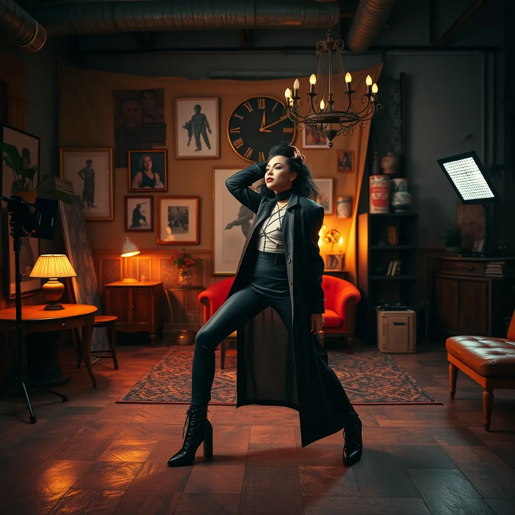 An artistic editorial photoshoot in progress, showcasing a model in avant-garde fashion, striking a pose against a dramatically lit, creatively decorated background that includes props like vintage furniture and modern art installations.
