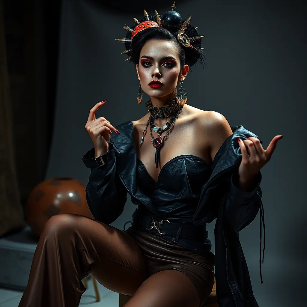 An editorial fashion photoshoot scene with a model in avant-garde clothing, dramatic makeup, and unusual props. The setting has artistic lighting and a mix of shadows creating a moody and artistic atmosphere, capturing the essence of high fashion.