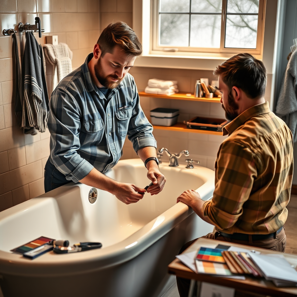Capture the essence of personalized service with an image depicting a professional technician working on a bathtub, surrounded by tools and color samples. The scene highlights the attention to detail involved in customizing each project. The lighting is warm and inviting, creating a welcoming environment that showcases craftsmanship.
