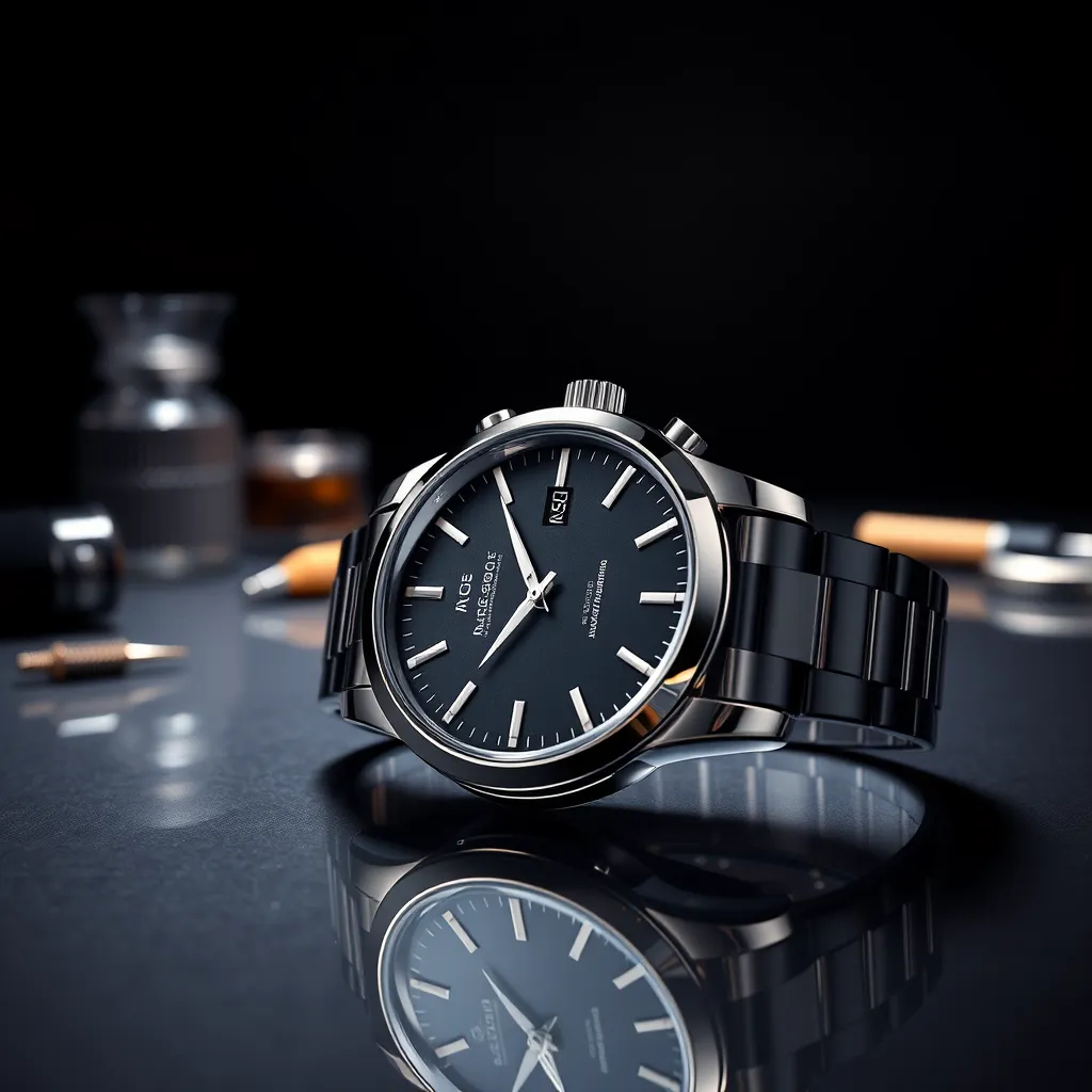 Create a photorealistic, ultra-high quality image of a product photography setup focusing on a luxury wristwatch. The subject is a high-end wristwatch placed on a sleek, reflective surface. The lighting conditions include dramatic side lighting to emphasize the watch's details and metallic sheen. The color palette is sophisticated, with a focus on blacks, silvers, and subtle hints of gold. Capture the image from a close-up, slightly macro perspective to showcase the intricacies of the watch face, including the markings and textures. The texture of the watchband and the polished surface beneath it should be meticulously detailed. The environment is a minimalist studio with a dark, blurred background to focus attention on the product. Props include a few scattered watchmaking tools in the background. Style references include the works of Karl Taylor. The image should be rendered in 8K resolution with hyperrealistic, ultra-detailed specifications.