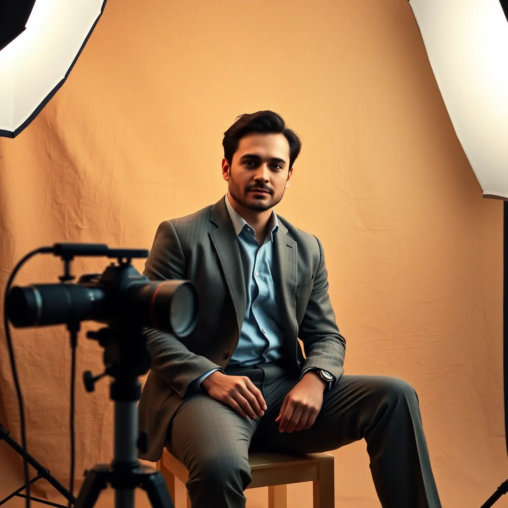 Create a photorealistic, ultra-high quality image of a professional portrait photography setup. The subject is a well-dressed individual sitting against a textured, neutral backdrop. The lighting conditions include soft diffused lighting that highlights the subject's features while creating gentle shadows. The color palette is warm and inviting, with neutral tones and subtle highlights. Capture the image from a slight low angle to emphasize authority and confidence. The texture of the backdrop and the subject's clothing should be meticulously detailed. The environment is a professional photography studio, with minimal background distractions. Props include a high-quality camera on a tripod and softbox lights. Style references include the works of Annie Leibovitz. The image should be rendered in 8K resolution with hyperrealistic, ultra-detailed specifications.