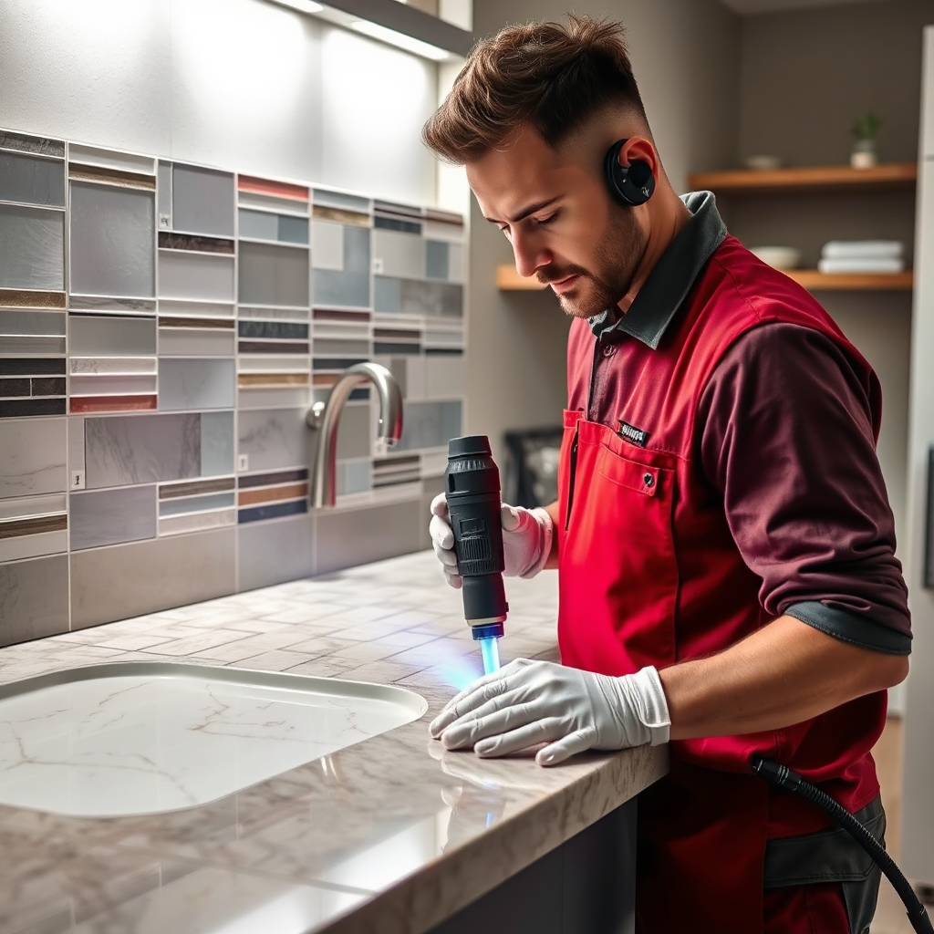 Create a vibrant image showing a technician restoring various surfaces, including tiles and countertops, using modern equipment. The lighting should showcase the sheen of the surfaces being worked on, and the environment should be organized and professional, highlighting the versatility of our services.