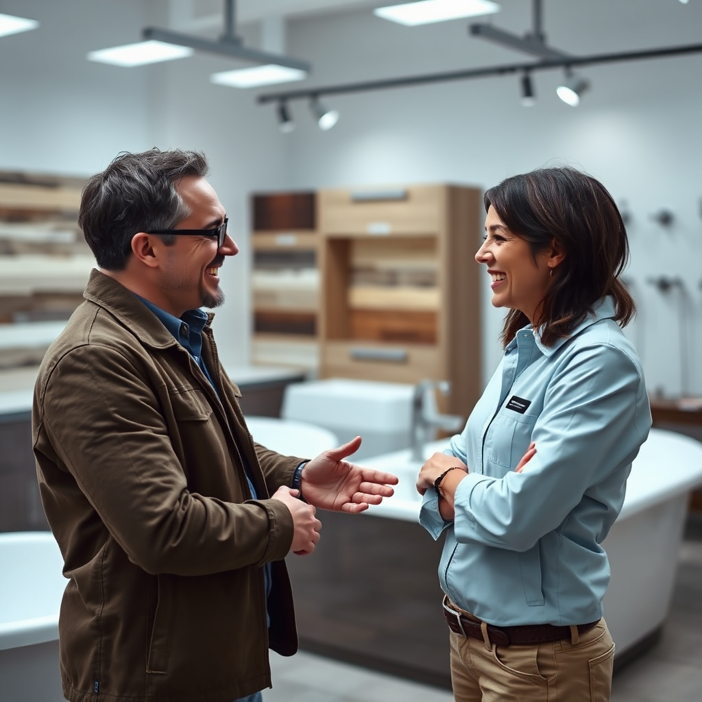 Depict a friendly consultation scene where a customer interacts with an expert, discussing bathtub options. The background shows a variety of finishes and colors available. The lighting is bright and well-distributed, creating a positive and engaging atmosphere, fostering trust and comfort.