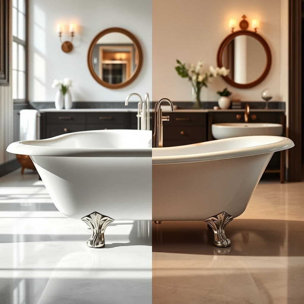 Design a photorealistic image showing a side view of both a classic clawfoot bathtub and a modern one, each beautifully finished. The lighting is soft and inviting, with warm colors that enhance the glossy surface. The focus is on the textures, highlighting the craftsmanship involved in restoration. The backdrop features a stylish bathroom with decorative elements that reflect both styles, making the image a perfect representation of versatility.