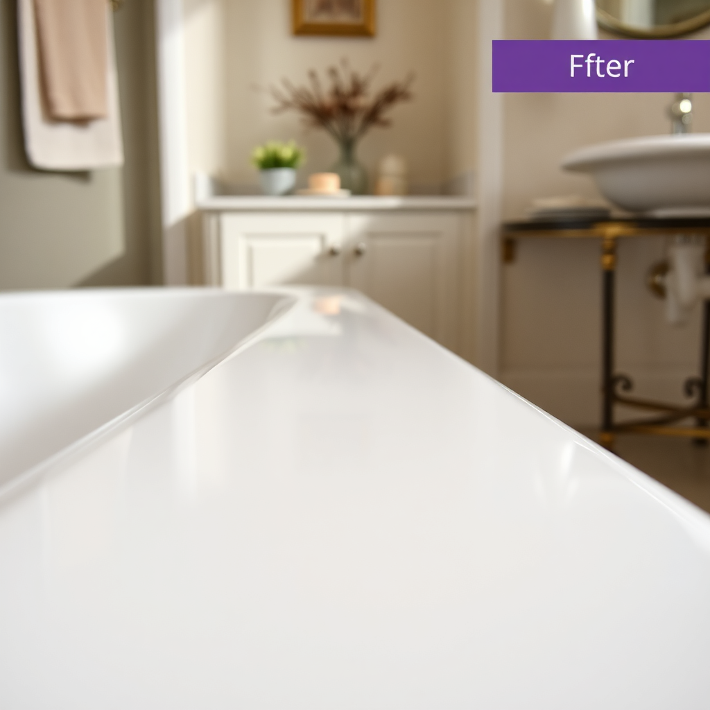 Illustrate a close-up shot of a resurfaced bathtub's surface, with reflections demonstrating its smoothness and high reflectivity. The lighting should capture the glossy finish, with a serene bathroom setting in the background, featuring subtle decorative touches. The camera should angle down to emphasize the texture details and quality of the resurfaced area.