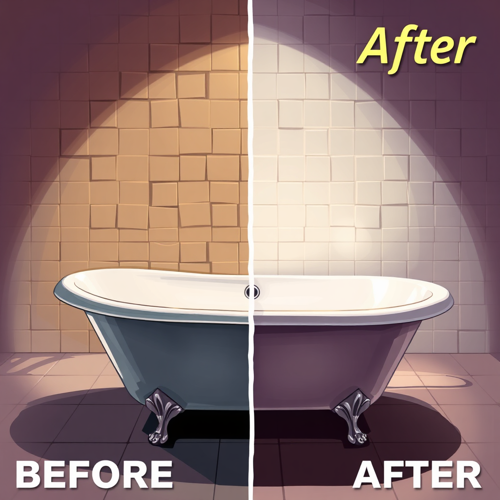 Illustrate a dynamic before-and-after scene showing a bathtub in disrepair transitioning into a flawlessly restored piece. The lighting should focus on the shiny finish of the restored tub, while the background hints at the previous state, evoking the contrast. Use vibrant colors to amplify the transformation theme.