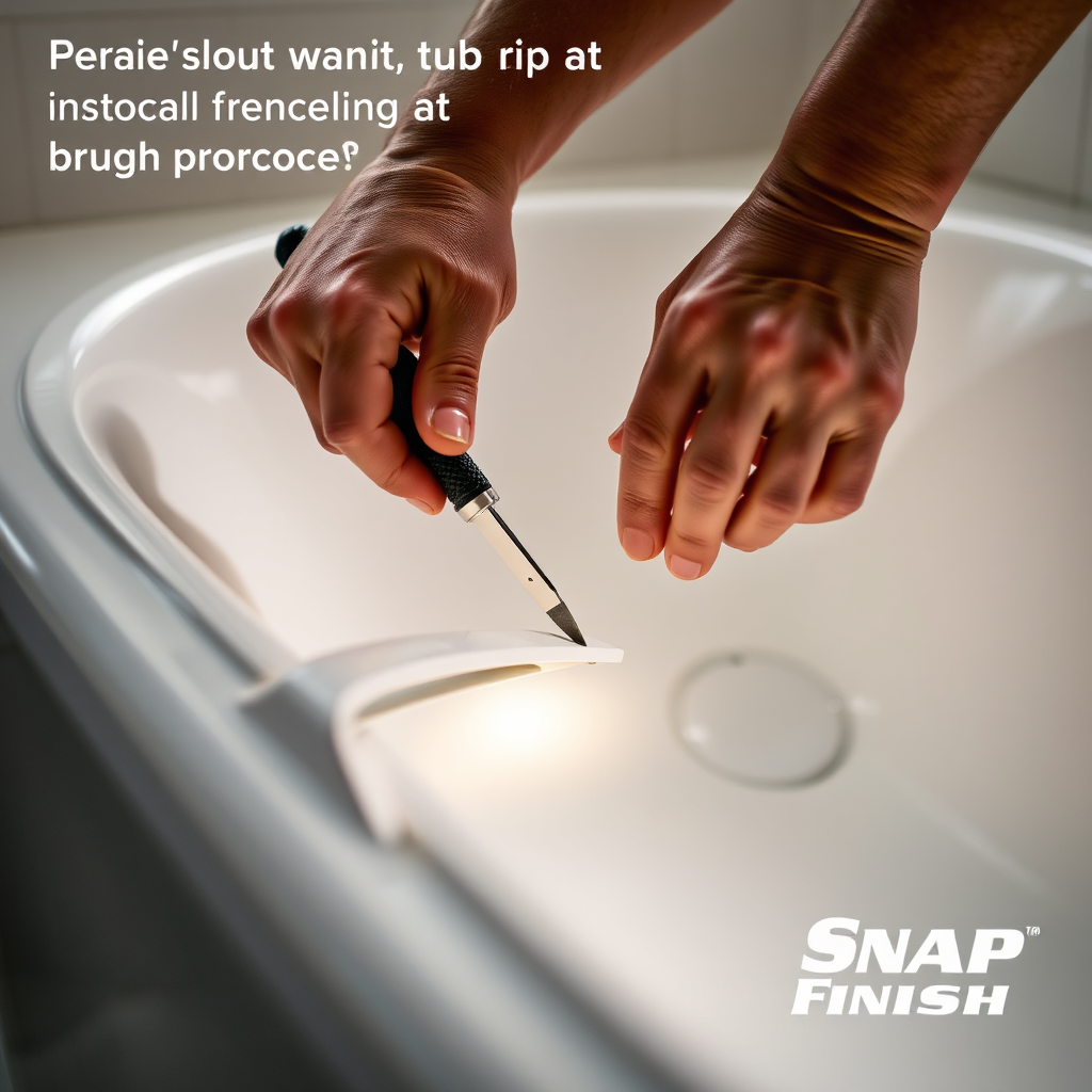 Visualize a close-up image on the hands of a technician applying a finishing touch to a resurfaced tub, illustrating the quality of craftsmanship. Soft, well-diffused lighting must emphasize the smooth surface and the tools being used. The environment should project professionalism, enhancing the trust aspect of Snap Finish.
