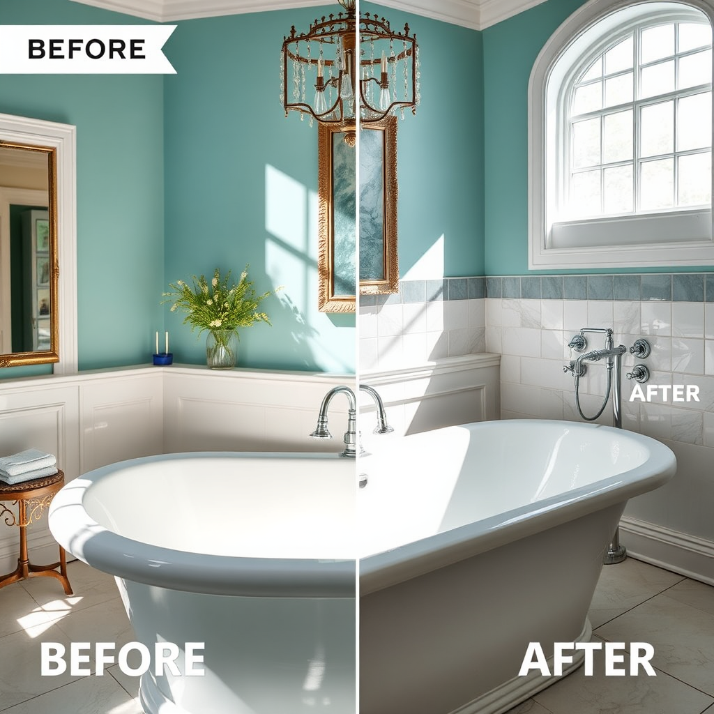 Visualize a photorealistic image embodying the essence of professional bathtub and surface restoration at Snap Finish. The composition features a side-by-side comparison of a tub before and after restoration, showcasing the vivid transformation. The lighting is bright and emphasizes the pristine finishes. The environment is a luxuriously styled bathroom, with an inviting atmosphere, featuring soft colors like teal and white. Textures are crisp and glossy, highlighting the quality of the resurfacing process. Style references: modern and vintage aesthetics. Technical specs: 4K resolution, high quality.