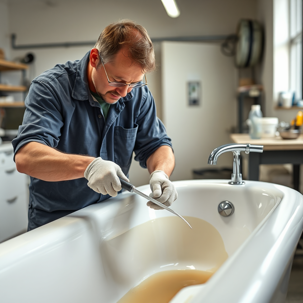 Visualize a technician skillfully resurfacing a bathtub, showing precise techniques and high-quality materials. The setting is a well-lit workshop, emphasizing cleanliness and professionalism. The focus should be on the technician's hands and tools, which reflect expertise and attention to detail.