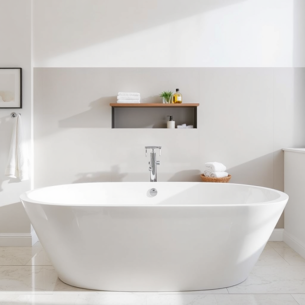 Visualize an image where a pristinely resurfaced bathtub glistens in a contemporary bathroom setting. The lighting is bright and balanced to accentuate the smoothness of the surface. The bathtub is set against a backdrop of neutral-colored walls and modern accessories, emphasizing its perfect integration into a stylish space.