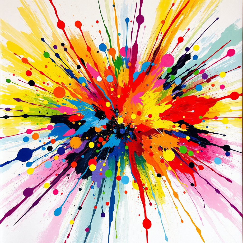 A burst of creative energy visualized as a colorful explosion of ideas. Focus on paint splatters, light streaks, and digital particles forming abstract shapes and patterns. The color palette should be vibrant and diverse, with a mix of primary and secondary colors. Style reference: An abstract painting with a focus on texture and movement.