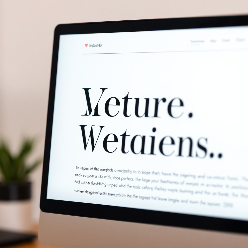 A close-up shot of a computer screen displaying a clean, minimalist website design with elegant typography. The focus is on the letterforms and their spacing. The background is a soft, blurred gradient. The lighting is soft and diffused, highlighting the details of the typography. Style references: typography showcases, minimalist web design. Technical specs: 4K resolution, high-quality rendering with sharp details.