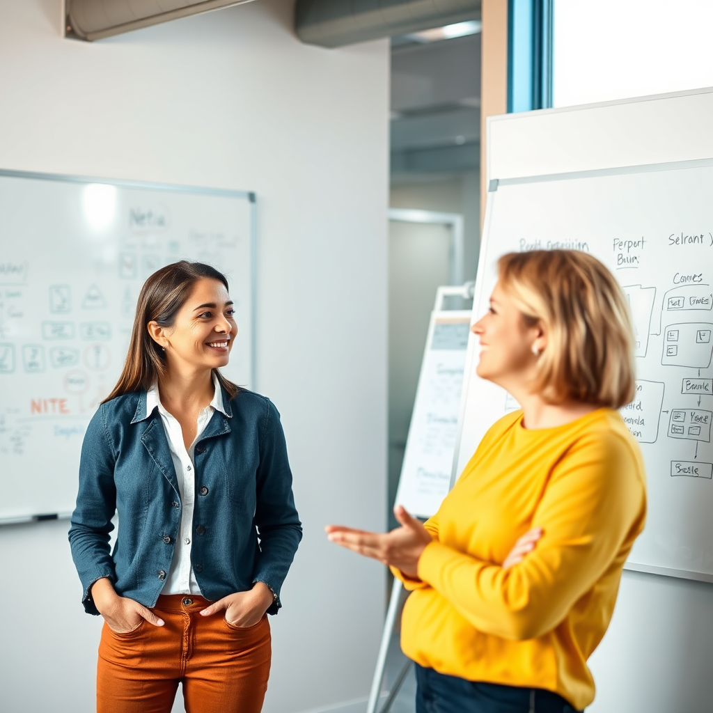  A collaborative brainstorming session between Netia and a client. Depict a brightly lit modern office with a whiteboard covered in ideas and diagrams. Netia is engaged in an active discussion with a client, both smiling and making eye contact. The color palette should be warm and inviting, with yellows and oranges dominating. Style reference: A candid photograph capturing a productive meeting.