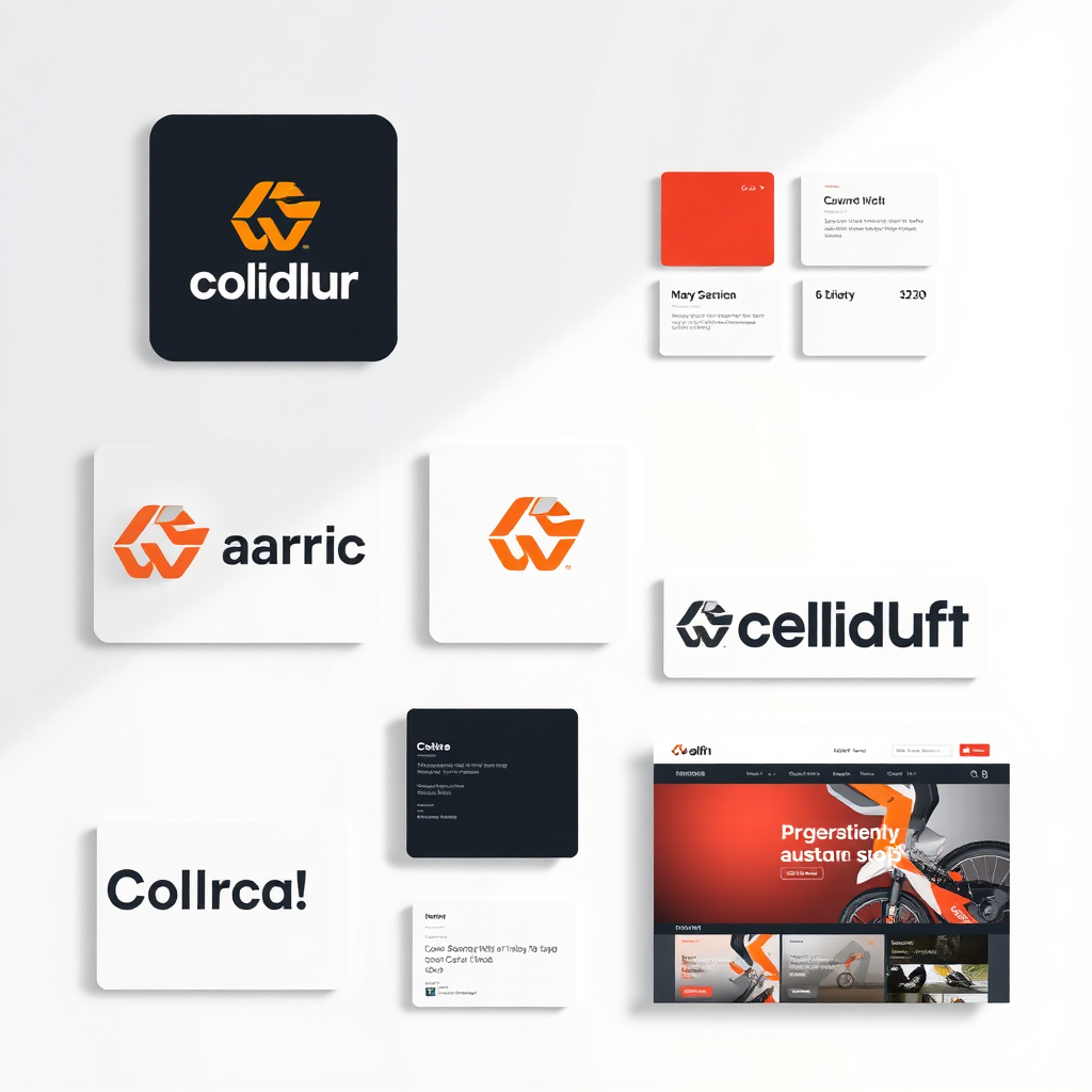 A collage of branded elements, including a logo, color palette, typography, and website mockup, all featuring a consistent design. The background is a clean, white surface. The lighting is bright and even, highlighting the consistency of the branding. Style references: brand guidelines, visual identity systems. Technical specs: 4K resolution, high-quality rendering with accurate color representation.