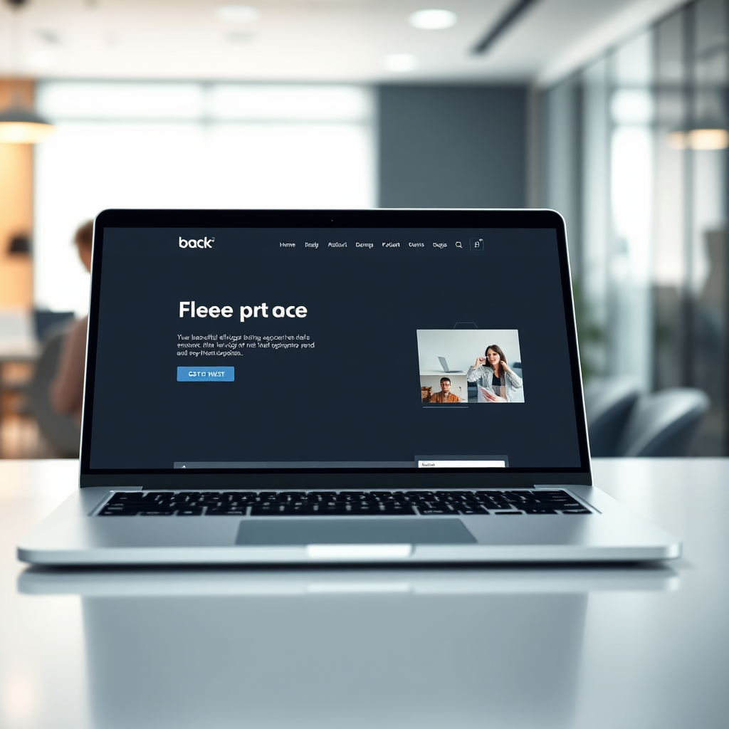 A photorealistic image of a sleek, modern laptop displaying a beautifully designed one-page website. The website features a clean layout, elegant typography, and high-quality visuals. The background is a blurred office environment. The lighting is soft and diffused, creating a sense of professionalism and sophistication. Style references: product photography, web design showcases. Technical specs: 4K resolution, high-quality rendering with realistic screen reflections.