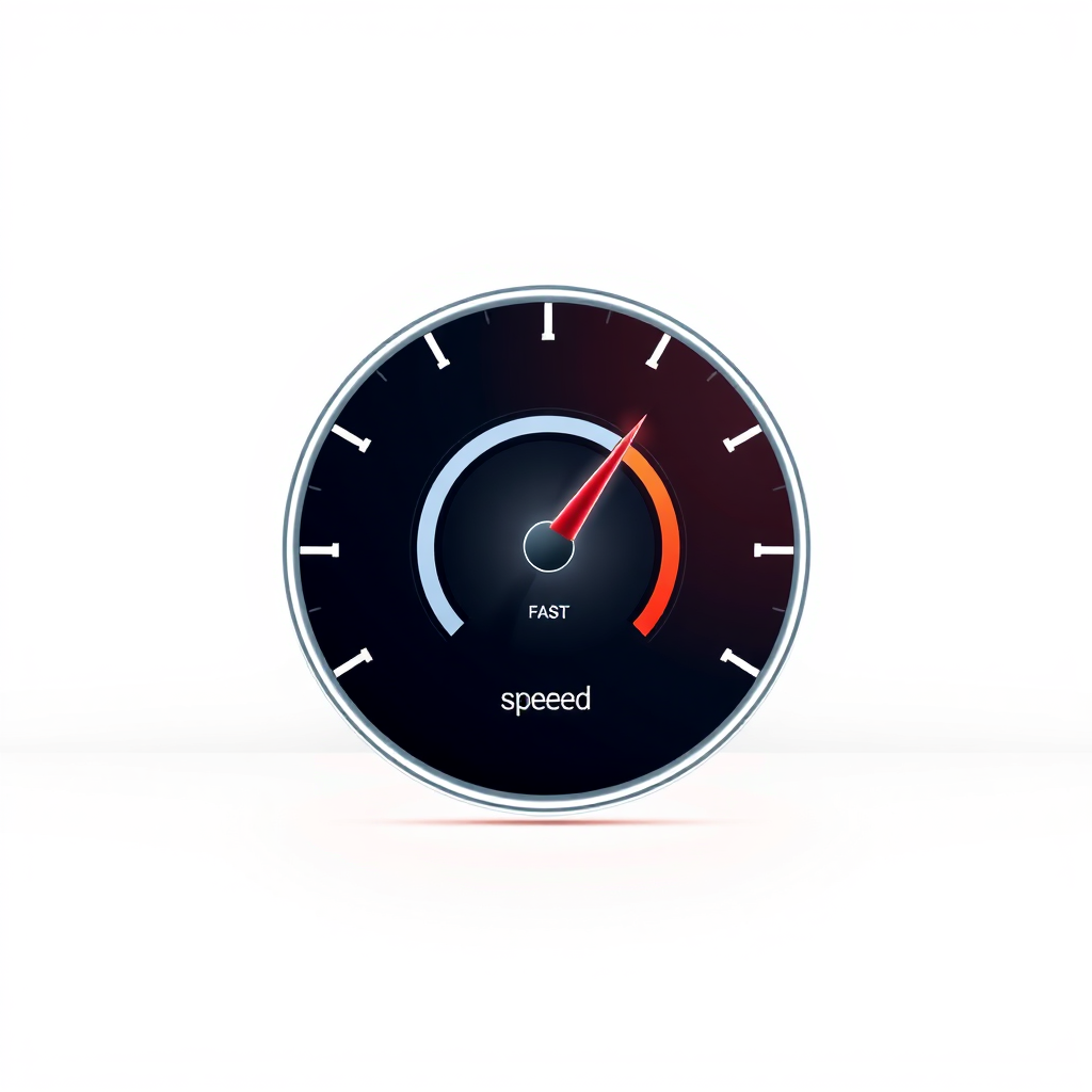 A speedometer graphic showing a fast loading speed, overlaid on a minimalist website design. The background is a clean, white surface. The lighting is bright and focused, highlighting the speed. Style references: infographic design, performance metrics. Technical specs: 4K resolution, high-quality rendering with clear and concise visuals.