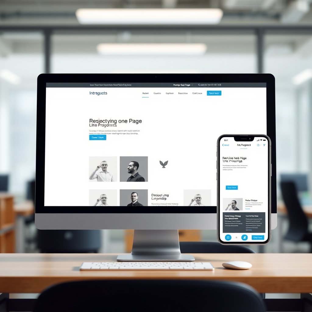  A split-screen image showing a one-page website displayed on a desktop computer and a mobile phone. The website design is responsive and adapts seamlessly to both screen sizes. The background is a blurred office environment. The lighting is natural and balanced, creating a sense of realism. Style references: responsive web design showcases, device mockups. Technical specs: 4K resolution, high-quality rendering with realistic device reflections.