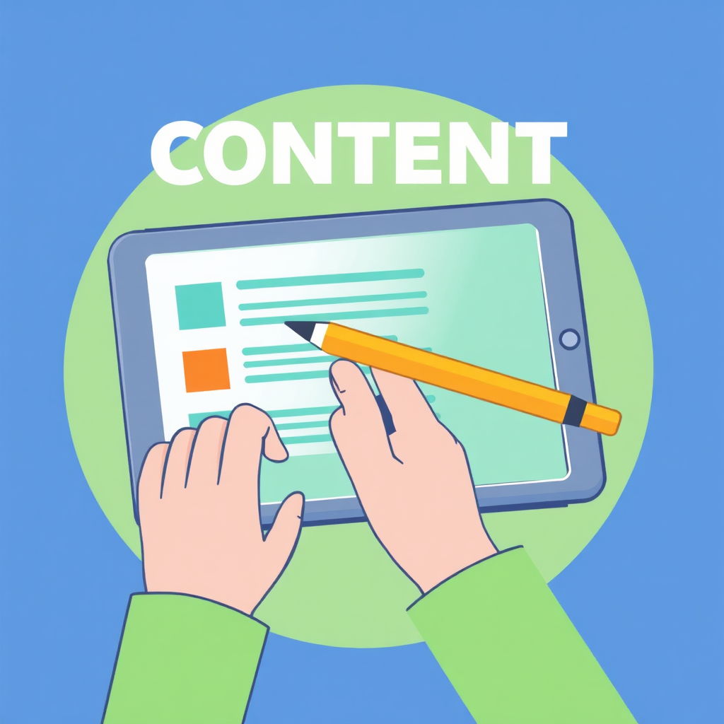 A visual representation of content creation. Focus on a pen writing on a digital tablet, creating engaging content such as blog posts, social media updates, and email newsletters. The color palette should be professional and informative, with blues and greens dominating. Style reference: A flat illustration with clean lines and simple shapes.