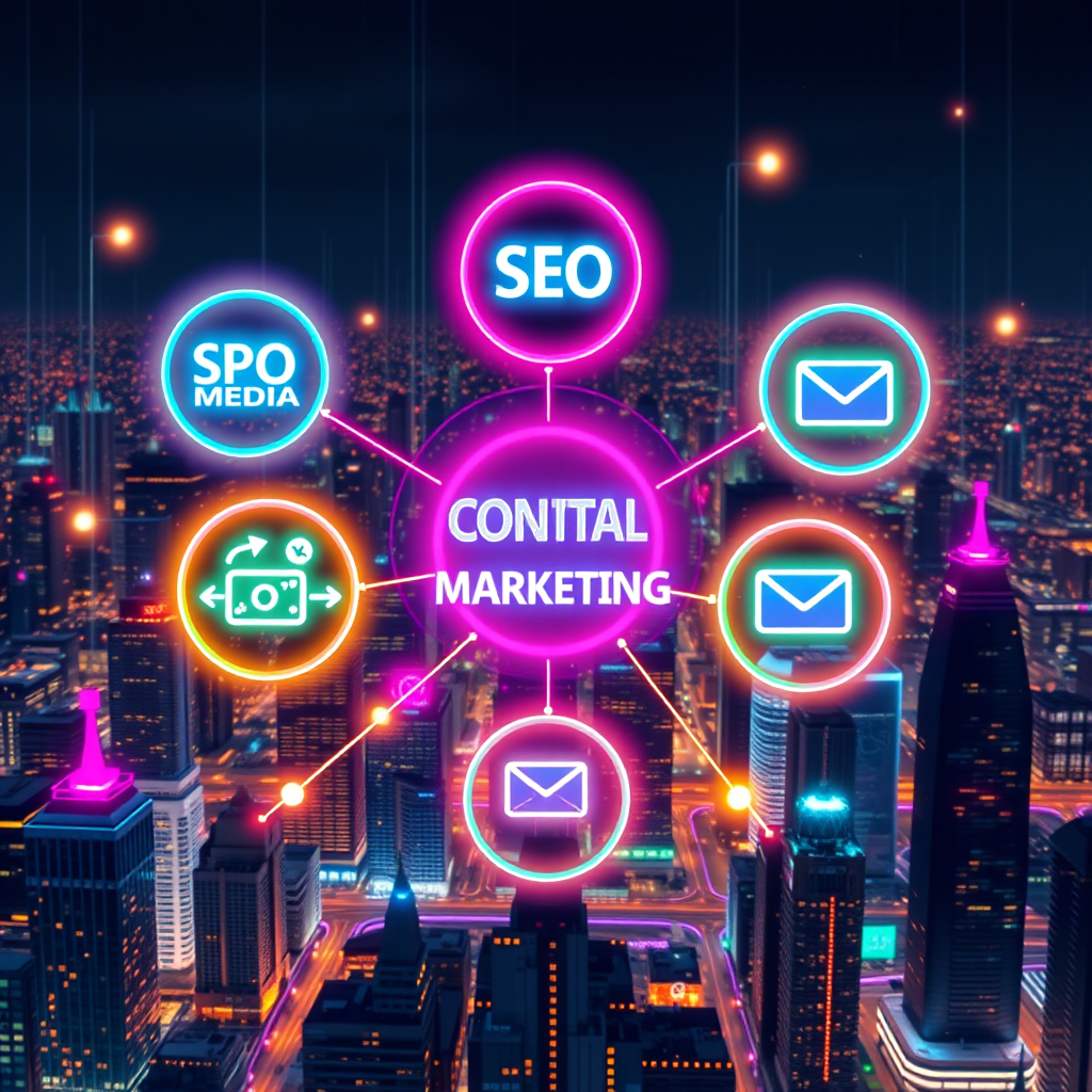 A visually striking representation of interconnected digital marketing services. Focus on a network of icons representing SEO, social media, content marketing, email marketing, and PPC advertising, all linked together by glowing lines. The color palette should be vibrant and dynamic, with each service represented by a different color. Style reference: A futuristic cityscape with interconnected digital networks.