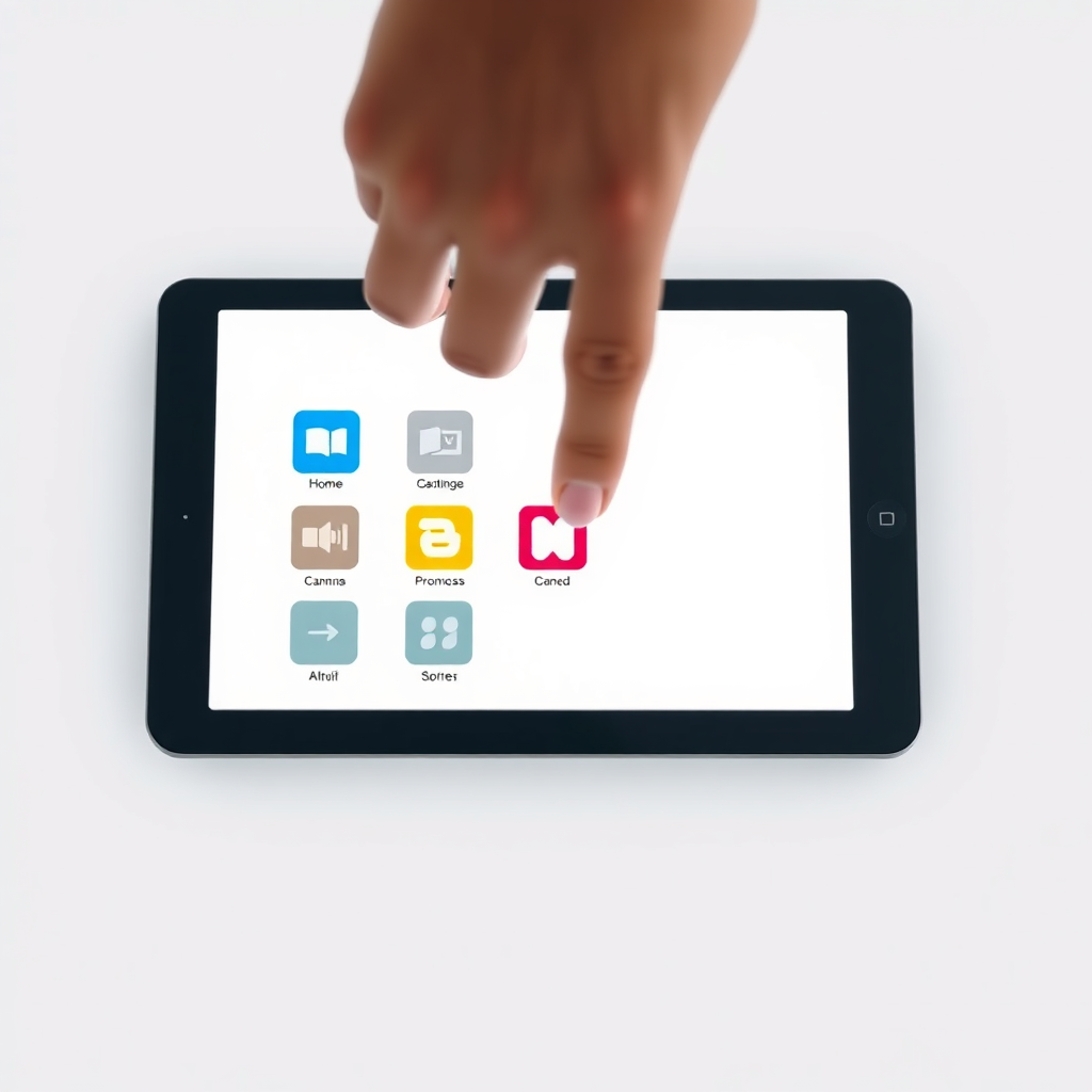  An overhead shot of a hand selecting a single, brightly colored icon from a group of muted, less prominent icons on a digital tablet. The background is a clean, white surface. The lighting is bright and focused, highlighting the chosen icon. Style references: flat illustration, UI design. Technical specs: 4K resolution, high-quality rendering with sharp details.