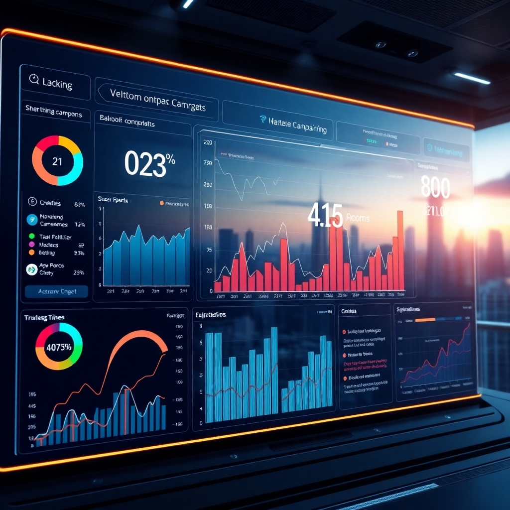  A futuristic dashboard displaying real-time data visualizations of marketing campaign performance, powered by AI algorithms. Show graphs, charts, and key performance indicators (KPIs) with a clean, modern user interface. The background should subtly feature a futuristic cityscape.