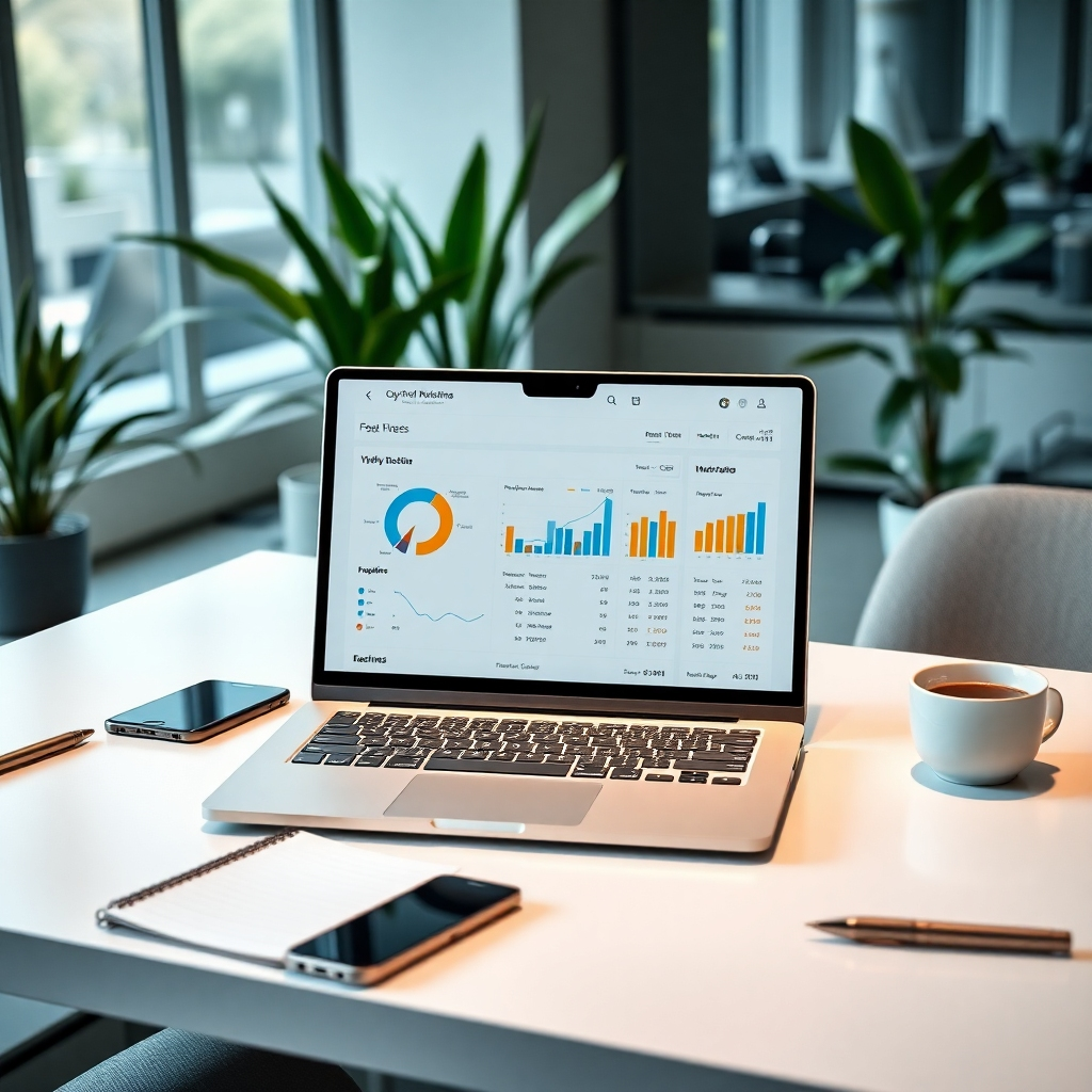 A photorealistic image, 8K resolution, hyperrealistic detail, soft diffused lighting, in the style of a contemporary business magazine spread. The scene depicts a clean, minimalist workspace with a laptop displaying a sophisticated dashboard showcasing key performance indicators (KPIs) for an affiliate marketing campaign. The color palette is sophisticated and calm, using a combination of neutral grays, soft blues, and accent golds to create a mood of professionalism and success. The camera angle is a high-angle shot, emphasizing the ease of use and efficiency of the software.  Textures include the smooth surface of the laptop screen, the soft texture of the keyboard, and the sleek finish of the office supplies. The background depicts a stylish, modern office with plants and natural light. Environmental elements include the quiet hum of a well-functioning office. Relevant props include a laptop, a smart phone, a cup of coffee, a notepad, and a pen. The overall mood is calm, efficient, and technologically advanced, conveying productivity, profitability and automation.
