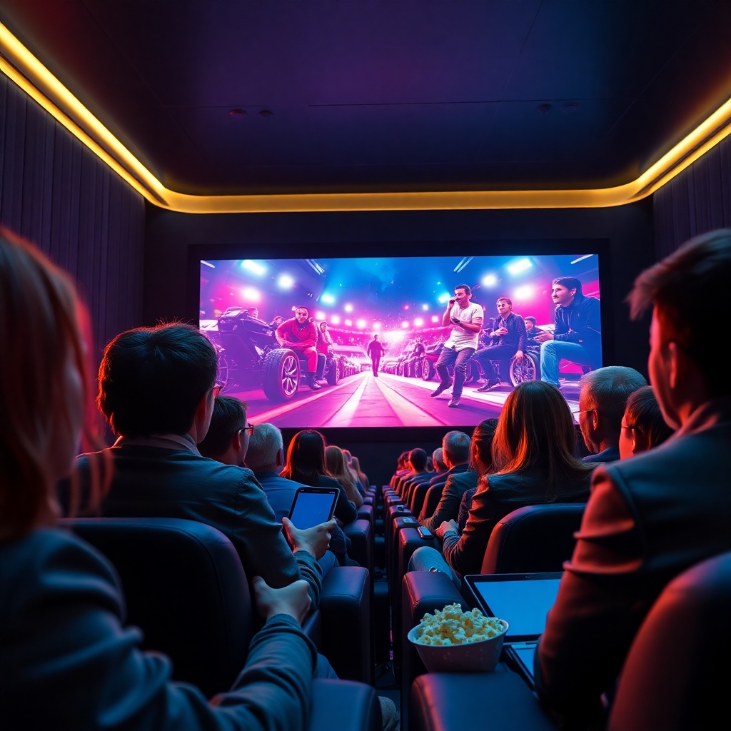 A photorealistic image, 8K resolution, hyperrealistic, cinematic lighting, in the style of a high-end commercial. The scene depicts a close-up shot of a diverse group of people watching a dynamic video ad on a large, high-resolution screen in a modern, sleek cinema. Dramatic side lighting creates depth and intensity. The color palette is bold and rich, using a blend of deep blues, vibrant reds, and crisp whites to represent the energy and impact of the advertisement. The camera angle is from a slight distance, allowing for a comprehensive view of the screen and the reactions of the audience.  The textures include the smooth glass of the screen, the plush material of the cinema seats, and the subtle reflective surfaces of the environment.  The background is a modern, elegant cinema interior. Environmental elements include the faint sounds of movie-theater ambience. Relevant props include smartphones, tablets, and popcorn.  The overall mood is captivating, enthusiastic, and persuasive, conveying professionalism and technological advancement.