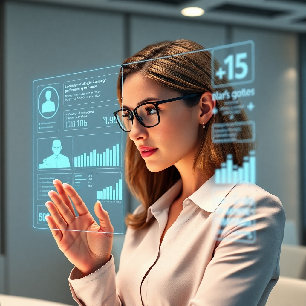 A photorealistic image of a businesswoman looking at a holographic screen displaying interactive data points representing customer profiles and marketing campaign performance metrics. The background should be a modern, minimalist office with soft lighting. The overall mood should be one of technological advancement and strategic planning. The image should be sharp, vibrant, and highly detailed, showing the futuristic aspects of AI in marketing.