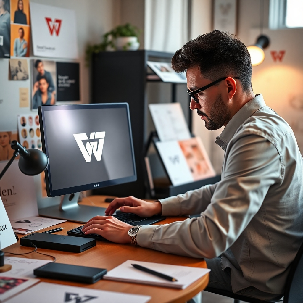 A photorealistic image of a designer meticulously crafting a logo on a computer, surrounded by mood boards, sketches, and brand guidelines. The logo should be sleek and modern, reflecting a tech startup.  The overall lighting should be soft and natural, emphasizing the creative process.