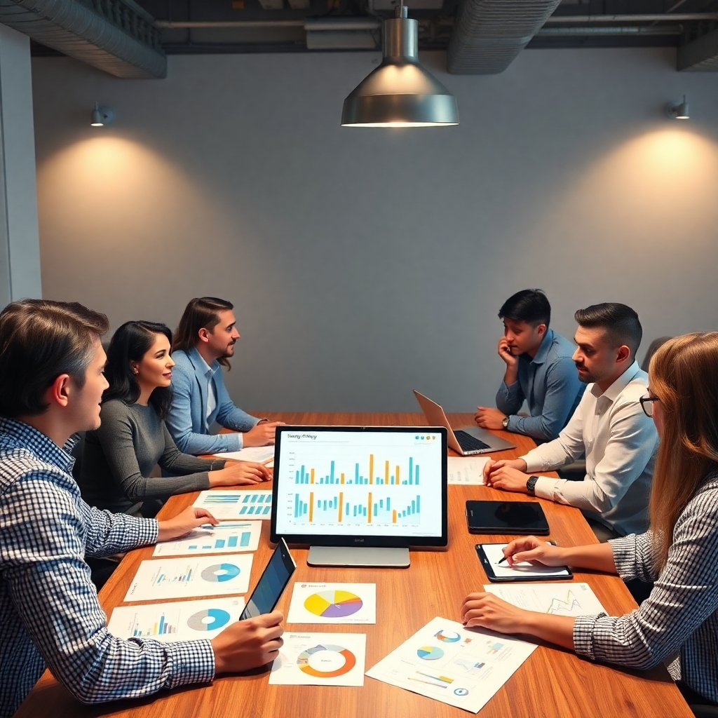A photorealistic image of a diverse team of marketers gathered around a large table, collaborating on a marketing strategy plan.  The table displays charts, graphs, and a laptop showcasing key performance indicators. The atmosphere should be professional and collaborative, conveying a sense of strategic planning.