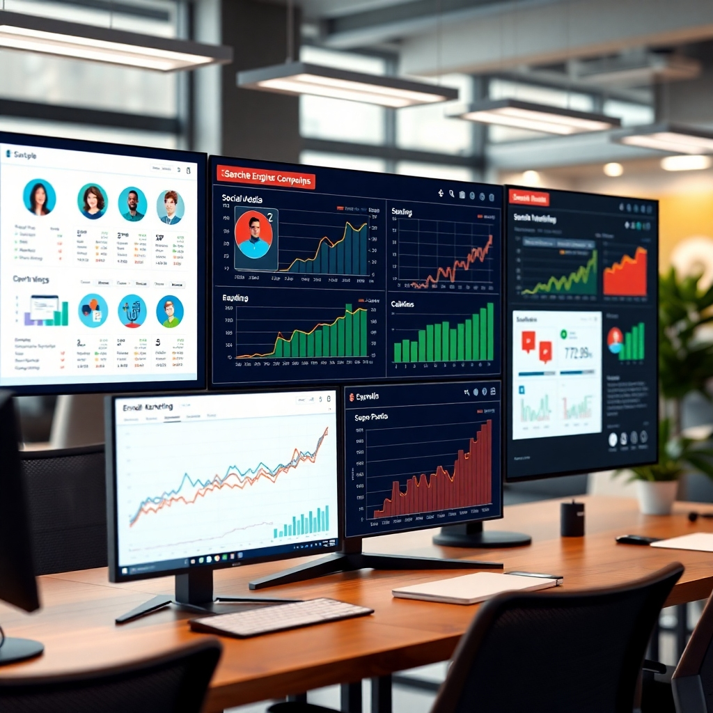 A photorealistic image showcasing a multi-screen dashboard displaying real-time data from various digital marketing channels – social media, search engine results, and email marketing campaigns.  The data should show positive growth trends and engagement. The background should subtly hint at a bustling office environment, representing the dynamic nature of digital marketing.