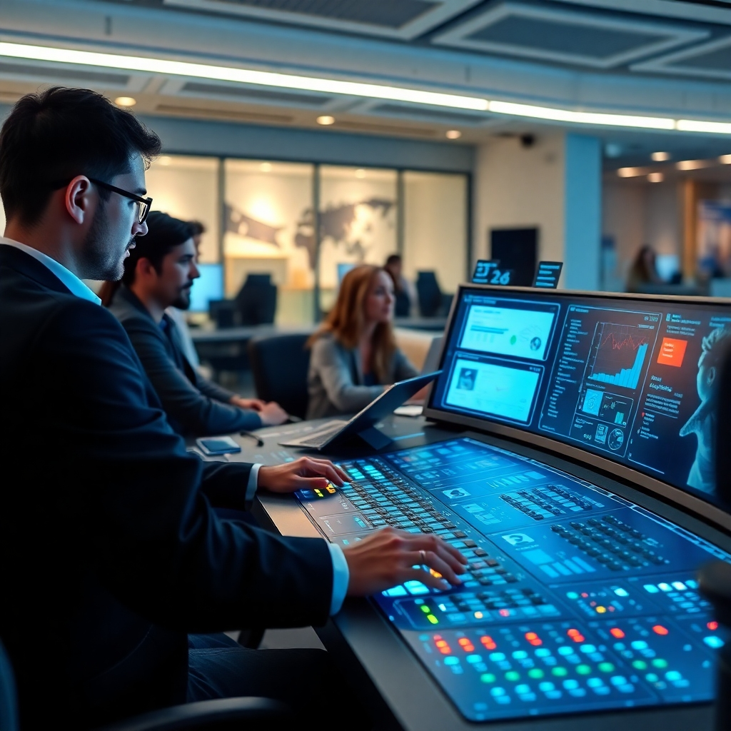 A photorealistic image showing a futuristic control panel with various glowing screens displaying automated marketing tasks, such as social media posts, email sequences, and ad campaigns.  A diverse team of marketers is working collaboratively in the background, looking relaxed and productive. The image should be well-lit and showcase a clean, technologically advanced workspace. The style should be sharp, vibrant, and professional, emphasizing efficiency and teamwork.