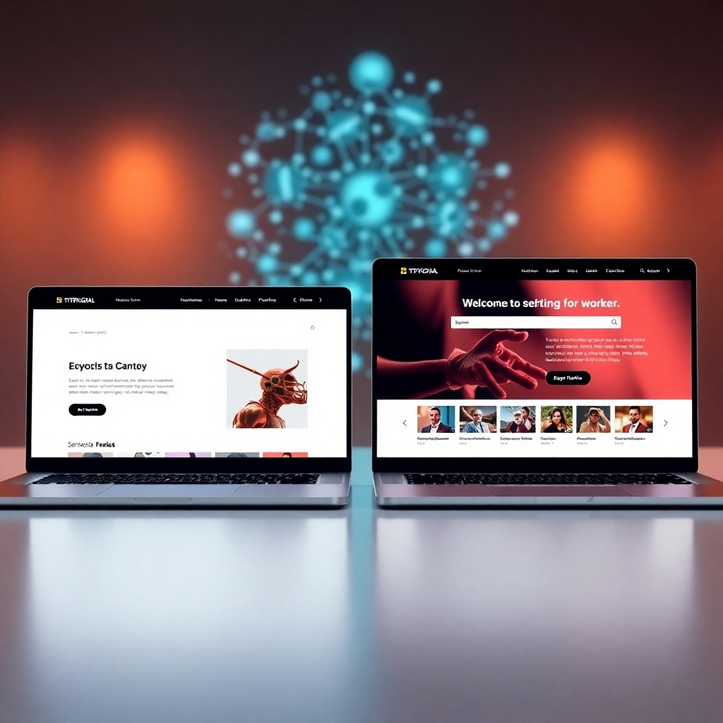  A split screen showing two different versions of a website landing page. One page is generic, the other is highly personalized with tailored content and product recommendations based on user data. The AI algorithm driving the personalization should be subtly visualized in the background.